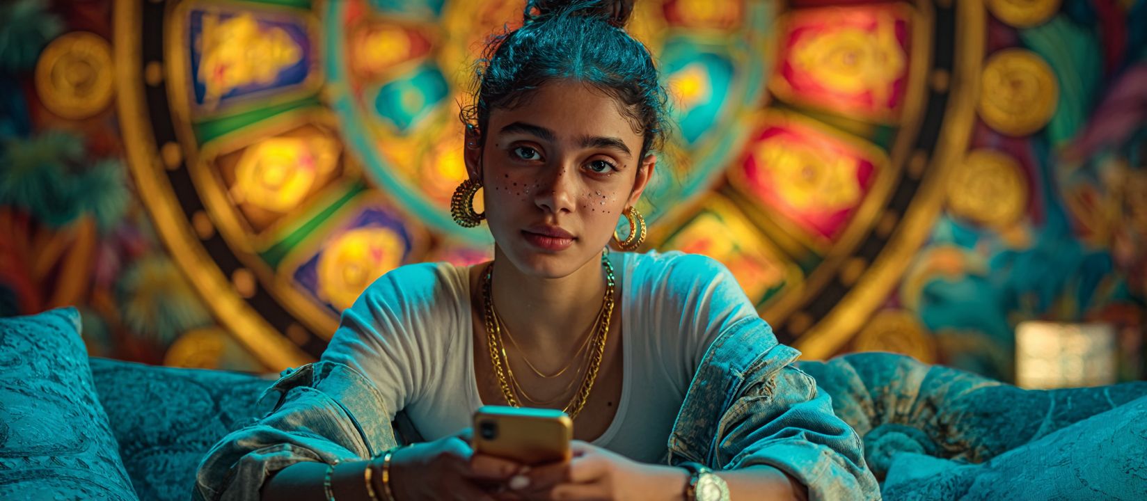 A girl with earrings and gold chains holds a smartphone while sitting in front of a stylised background with a roulette wheel.