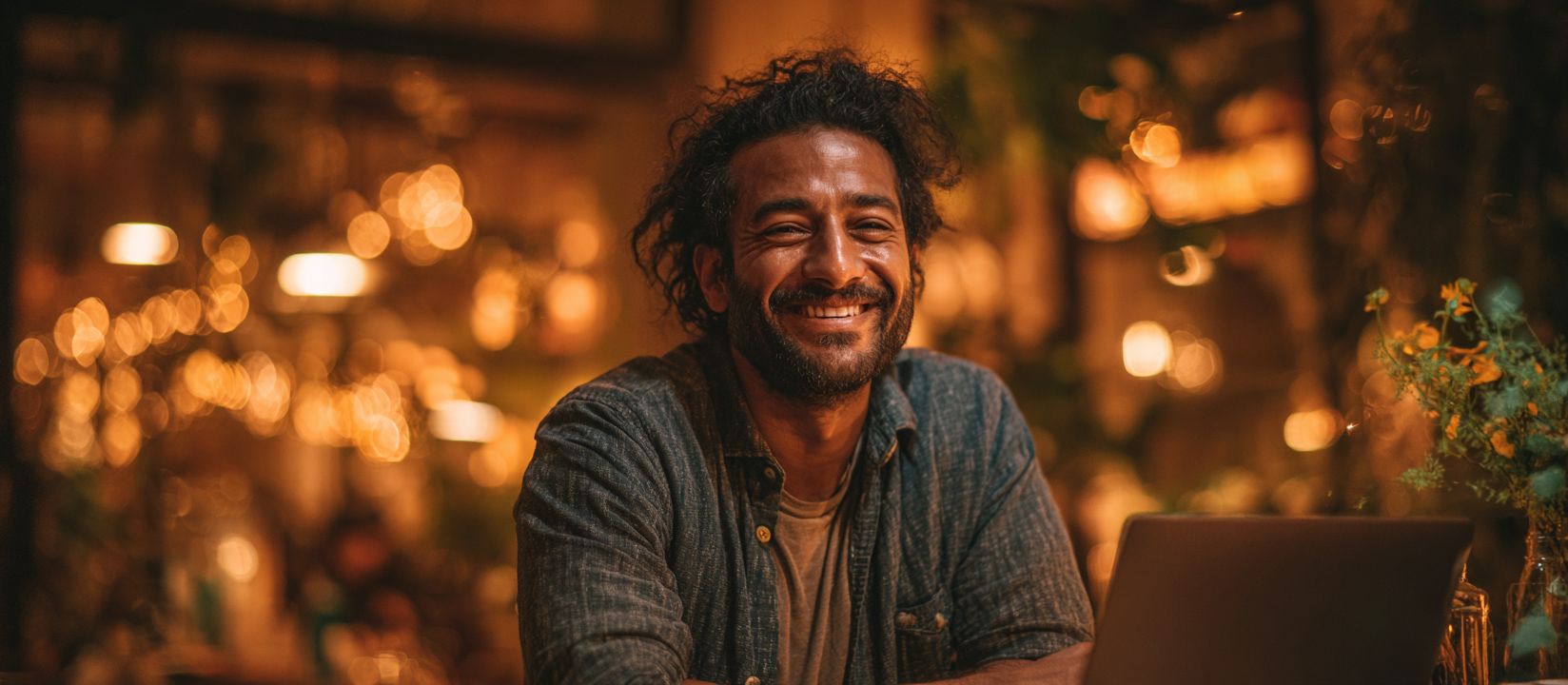 A man in casual clothes smiles at his laptop playing Aviator.