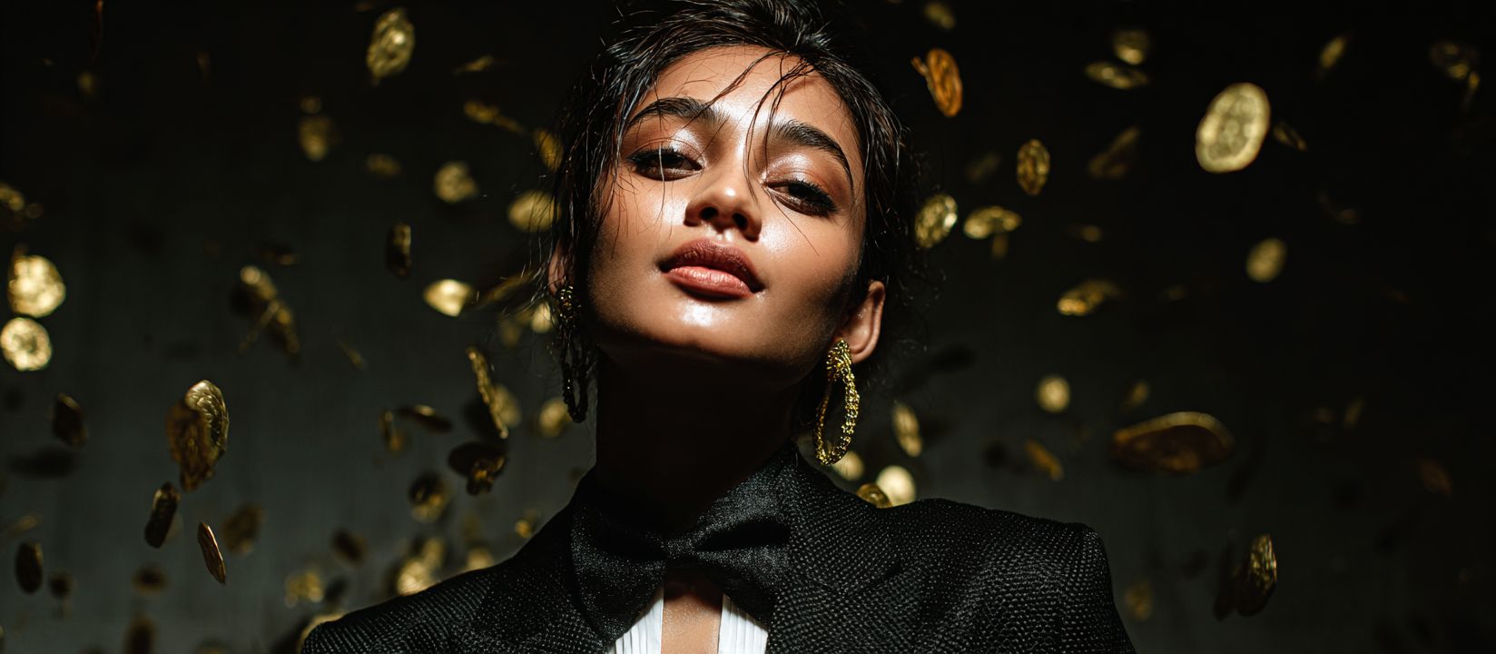 A woman in a black suit with gold earrings poses against a backdrop of falling gold coins