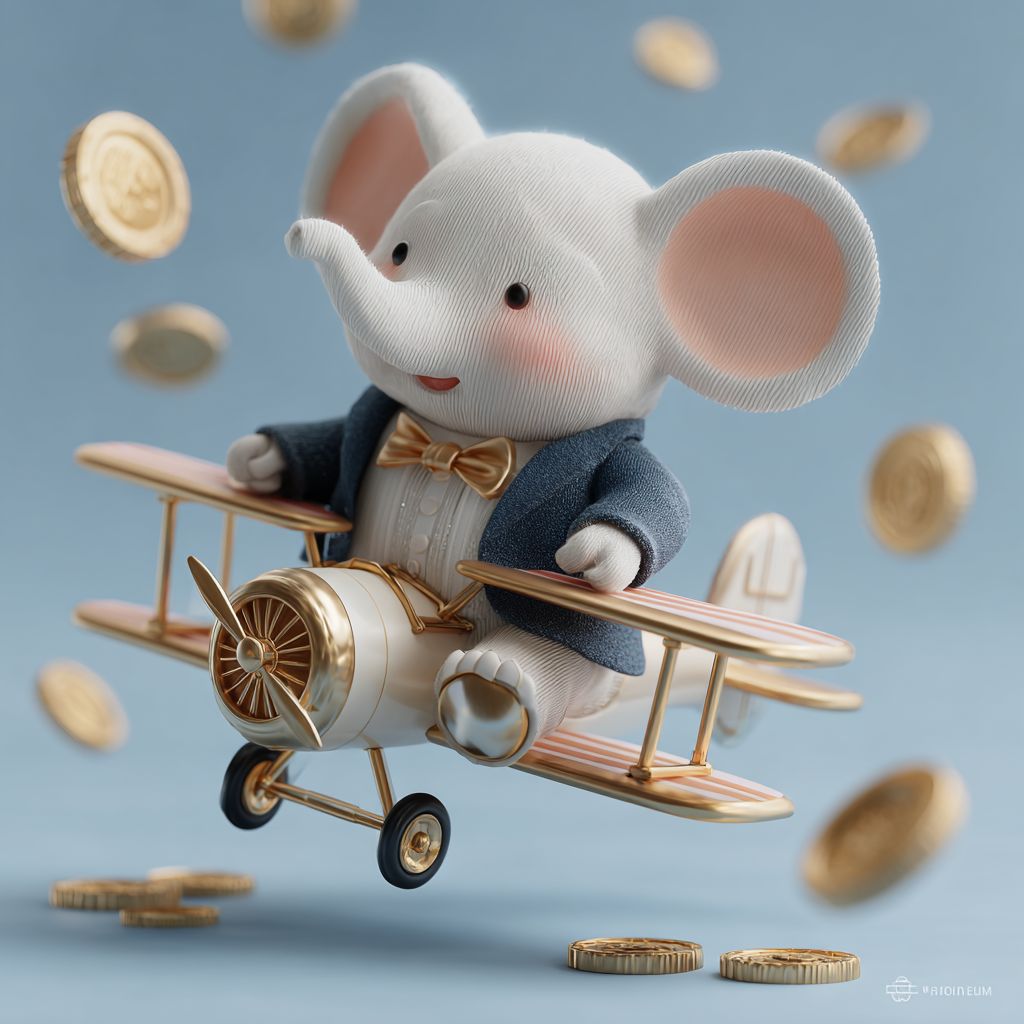 Casino mascot elephant KKK786 flies a toy aeroplane through gold coins in an elegant costume, representing the Aviator game.