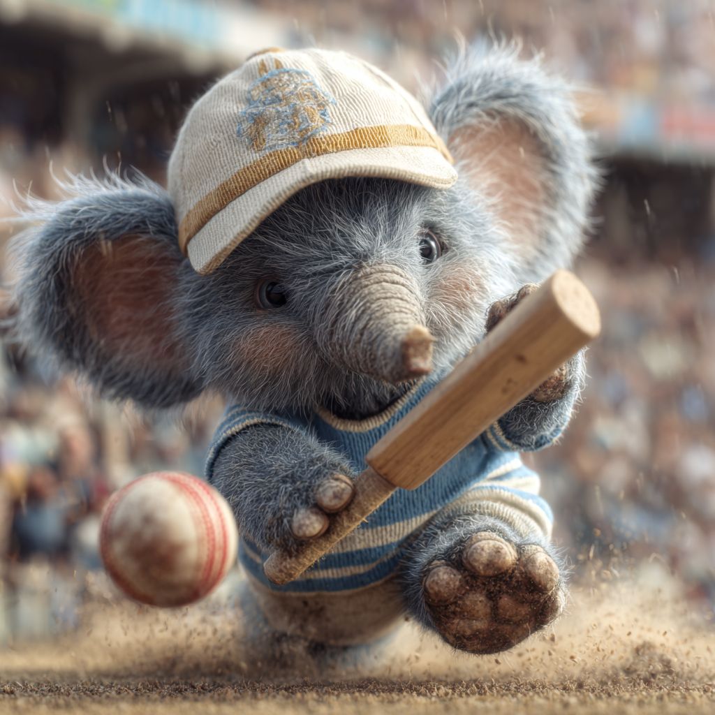 Casino mascot elephant KKK786, wearing a cap and sports uniform, plays cricket as he prepares to bat the ball away in a packed stadium.