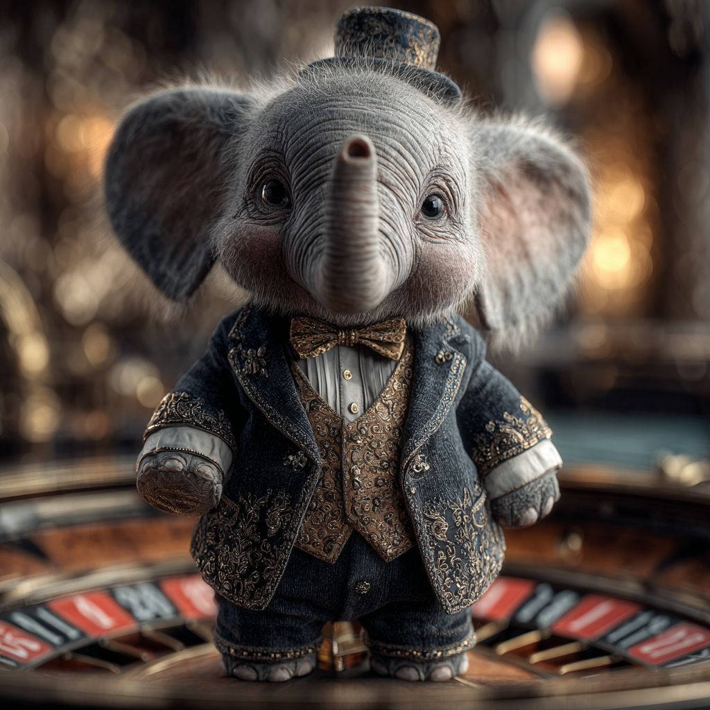 An elephant in a luxurious dinner jacket and cylinder stands at the roulette table, epitomising the atmosphere of a real casino KKK786.