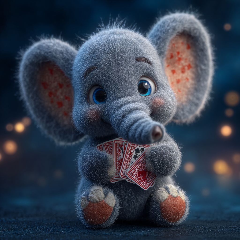 A fluffy elephant with big eyes holds playing cards, representing the variety of games at KKK786 Casino.