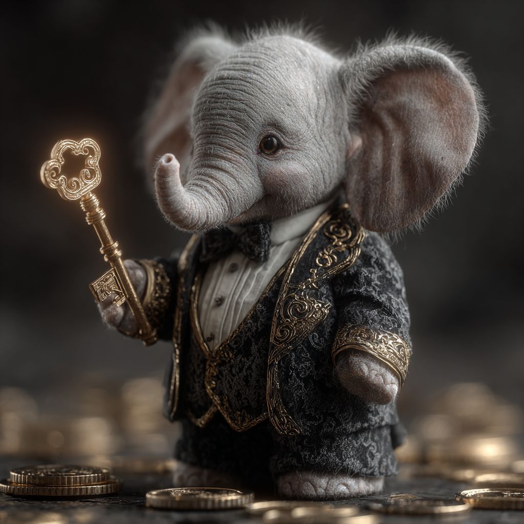 Casino mascot elephant KKK786 in a fine dinner jacket holds a golden key among the coins, symbolising access to winnings and account login.