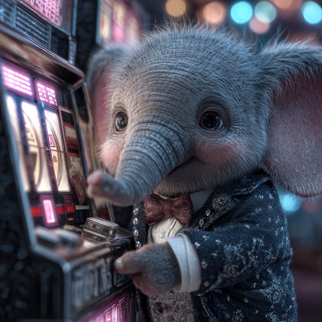 Cute elephant mascot casino mascot KKK786 in a dinner jacket plays a slot machine in a brightly lit gaming room.