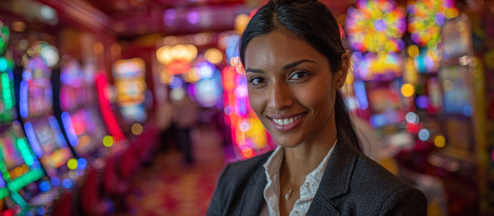 A woman in a business suit smiles in front of brightly coloured slot machines inviting you to log in to KKK786 casino.