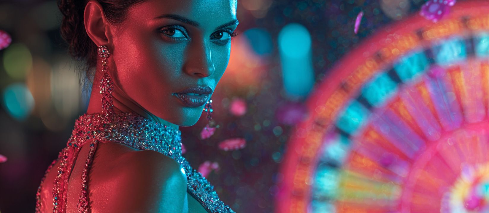 Woman in luxurious sequined dress against the background of roulette wheel and neon lights of casino KKK786.