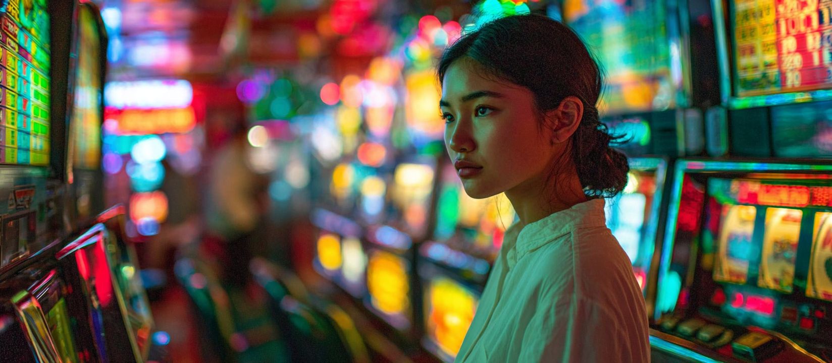A girl in a white shirt stands among the brightly coloured slot machines at the KKK786 casino, illuminated by neon lights.