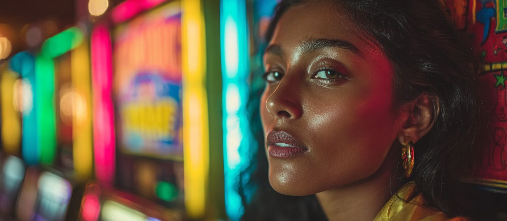 A woman in gold earrings at the coloured slot machines, immersed in the casino atmosphere.